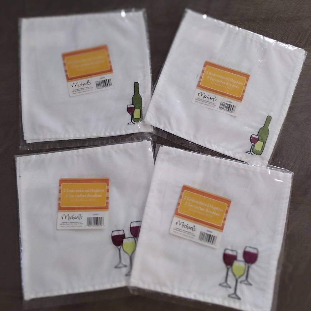 3/$20 White Cocktail Napkins with Wine Glass Embroidered Design